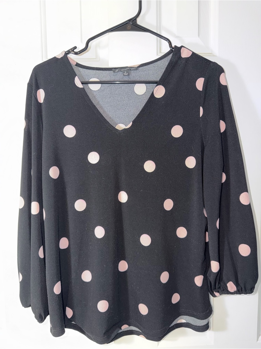 Black V-Neck Polka Dot Top with Pink Dots